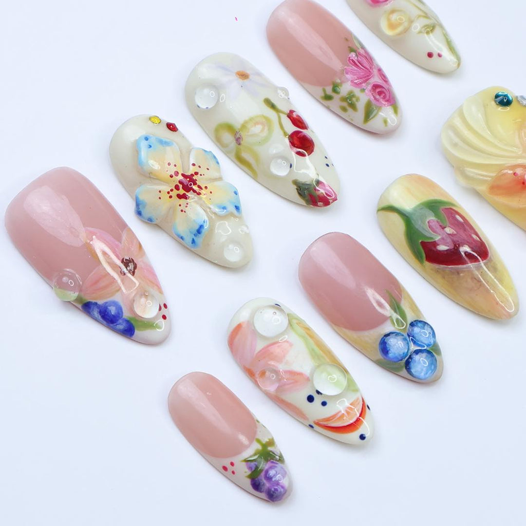 Press On Nails Summer Garden with Floral & Fruit Art | 3D Fake Nails in Medium Almond | Handmade Nail Art for Holiday, Vacation, Birthday