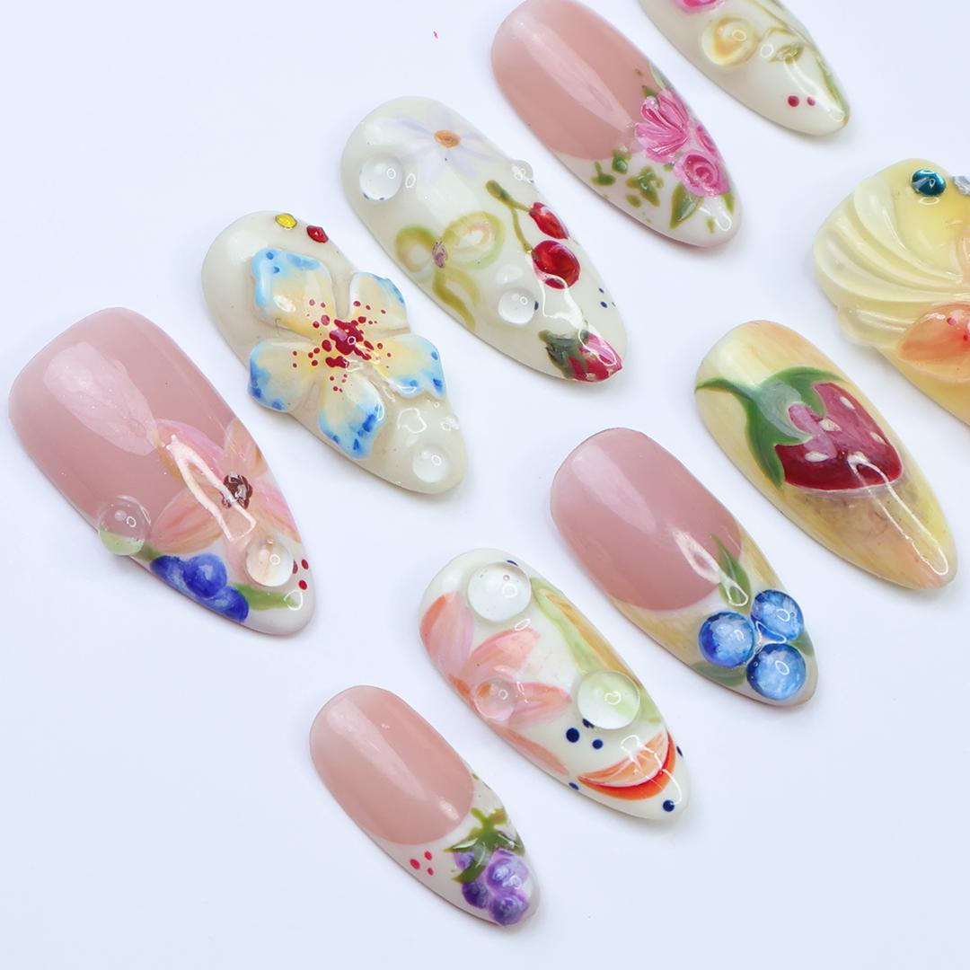 Press On Nails Summer Garden with Floral & Fruit Art | 3D Fake Nails in Medium Almond | Handmade Nail Art for Holiday, Vacation, Birthday