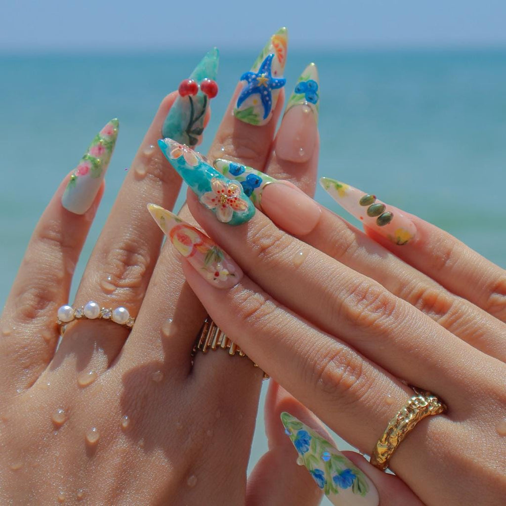 Summer Press On Nails Tropical Bloom with Ocean Treasures | 3D Fake Nails in Long Almond | Handmade Nail Art for Holiday, Vacation, Birthday