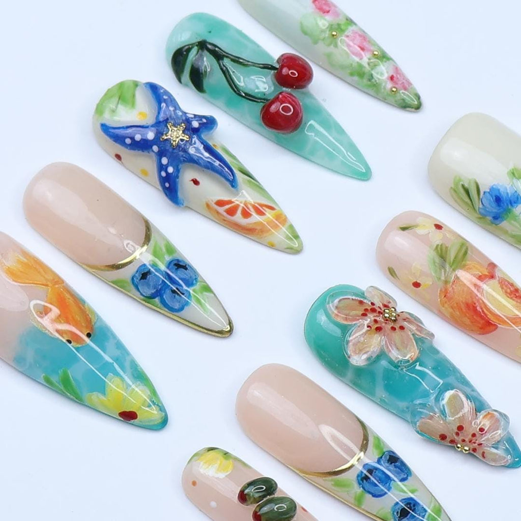 Summer Press On Nails Tropical Bloom with Ocean Treasures | 3D Fake Nails in Long Almond | Handmade Nail Art for Holiday, Vacation, Birthday
