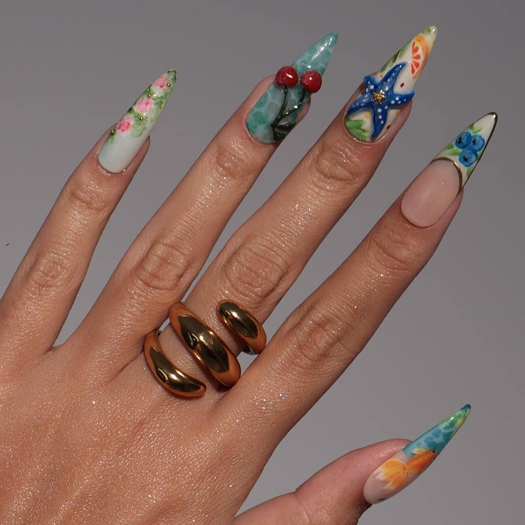 Summer Press On Nails Tropical Bloom with Ocean Treasures | 3D Fake Nails in Long Almond | Handmade Nail Art for Holiday, Vacation, Birthday