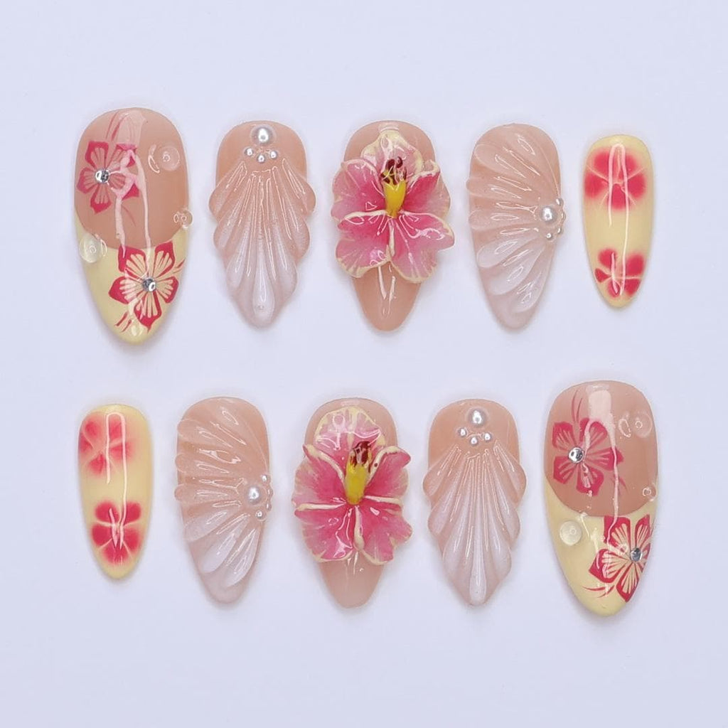 Summer Press On Nails Hibiscus Bloom with Pearl Shells | 3D Fake Nails in Medium Almond | Handmade Nail Art for Holiday, Vacation, Birthday