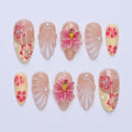 Summer Press On Nails Hibiscus Bloom with Pearl Shells | 3D Fake Nails in Medium Almond | Handmade Nail Art for Holiday, Vacation, Birthday