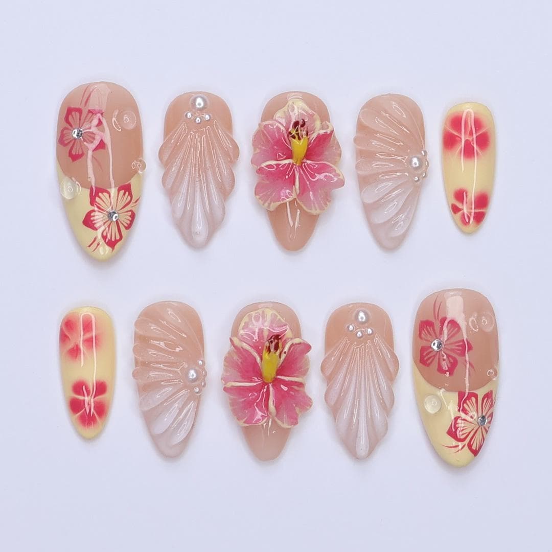 Summer Press On Nails Hibiscus Bloom with Pearl Shells | 3D Fake Nails in Medium Almond | Handmade Nail Art for Holiday, Vacation, Birthday