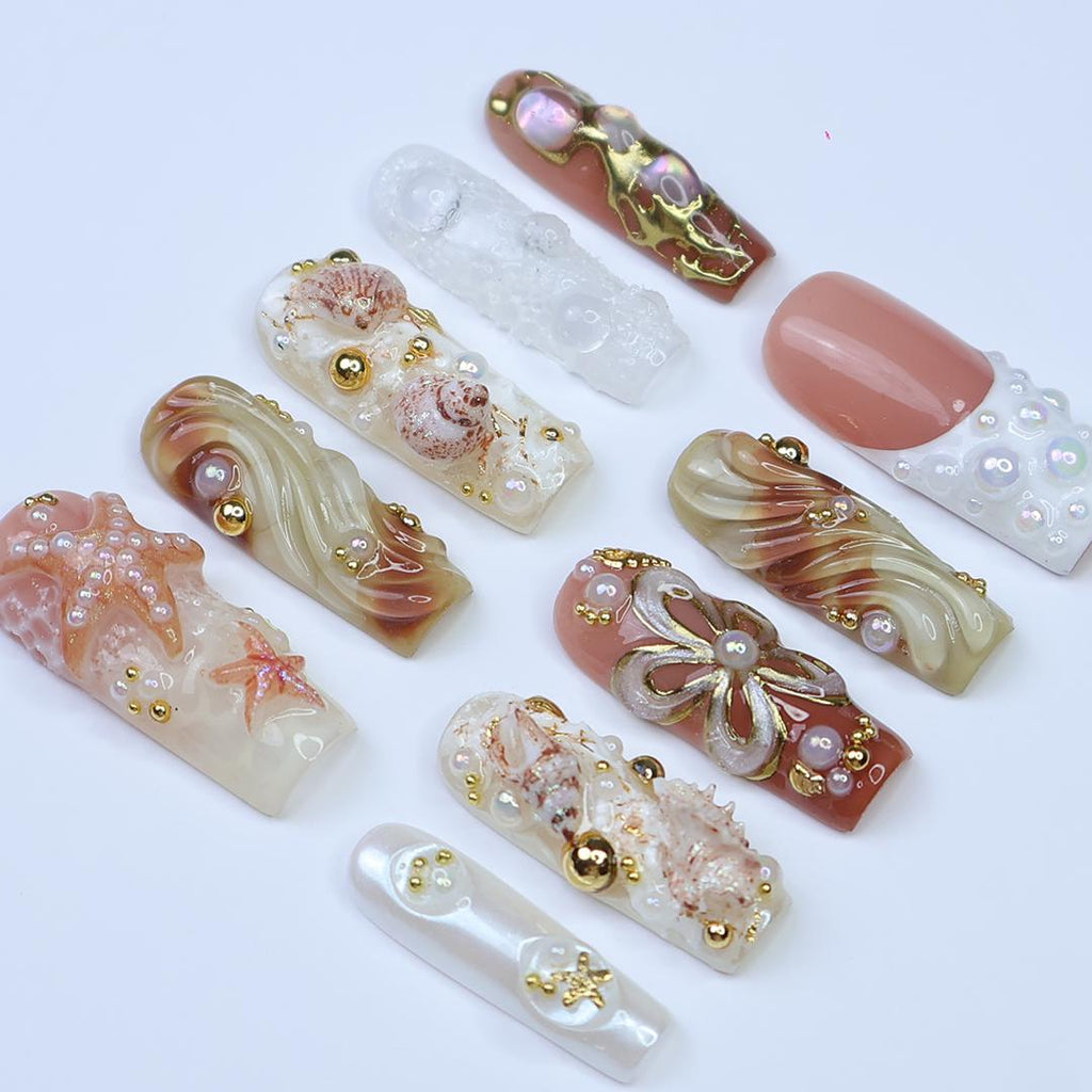 Summer Press On Nails with 3D Seashells and Pearls, Long Square Beach Nails in Nude, White and Gold Tones for Coastal Summer Vibe, Holiday