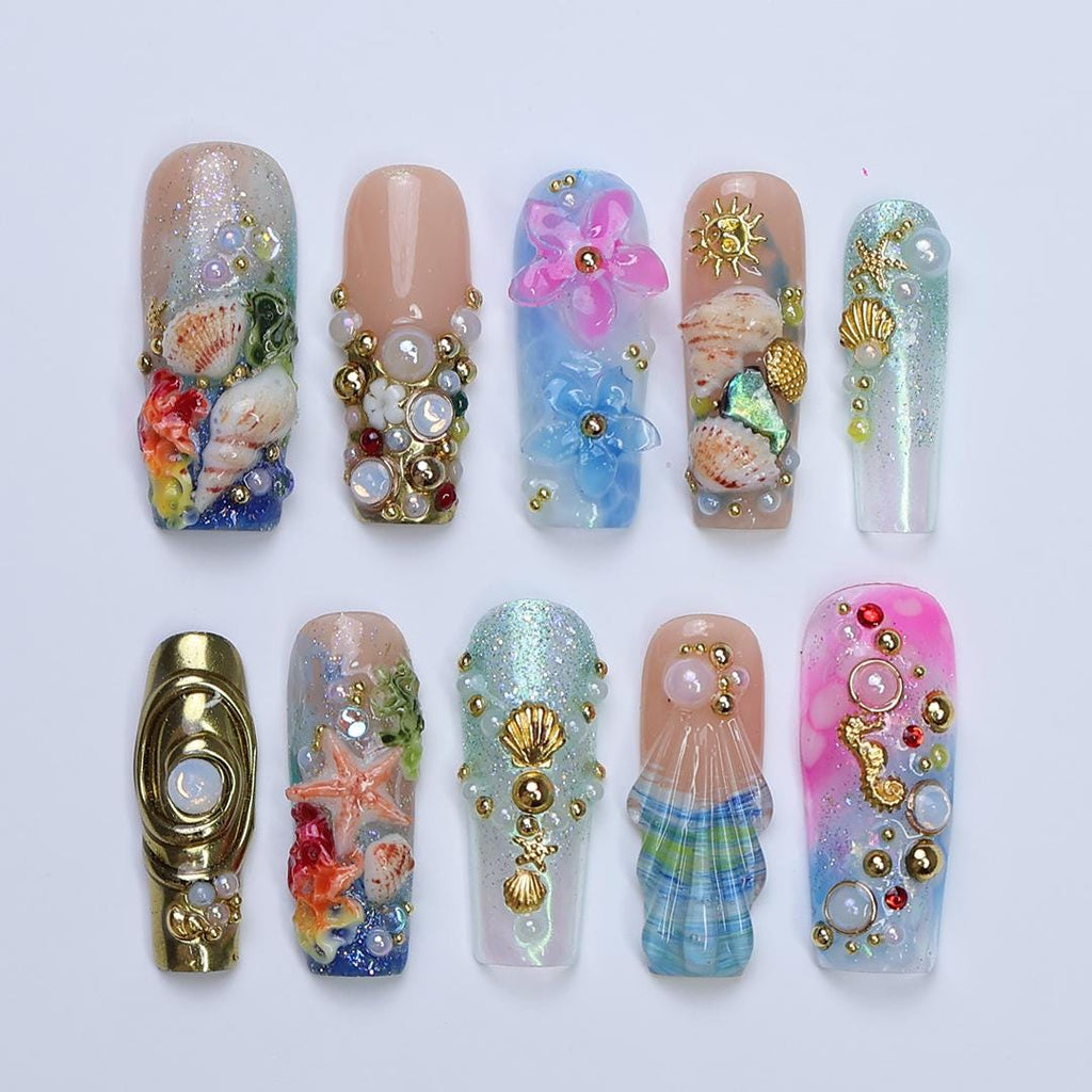 Summer Press On Nails Ocean Garden with Seashell | 3D Flower Fake Nails in Long Square | Handmade Nail Art for Holiday, Vacation, Birthday