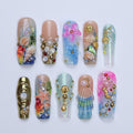 Summer Press On Nails Ocean Garden with Seashell | 3D Flower Fake Nails in Long Square | Handmade Nail Art for Holiday, Vacation, Birthday