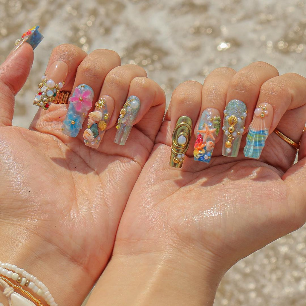Summer Press On Nails Ocean Garden with Seashell | 3D Flower Fake Nails in Long Square | Handmade Nail Art for Holiday, Vacation, Birthday