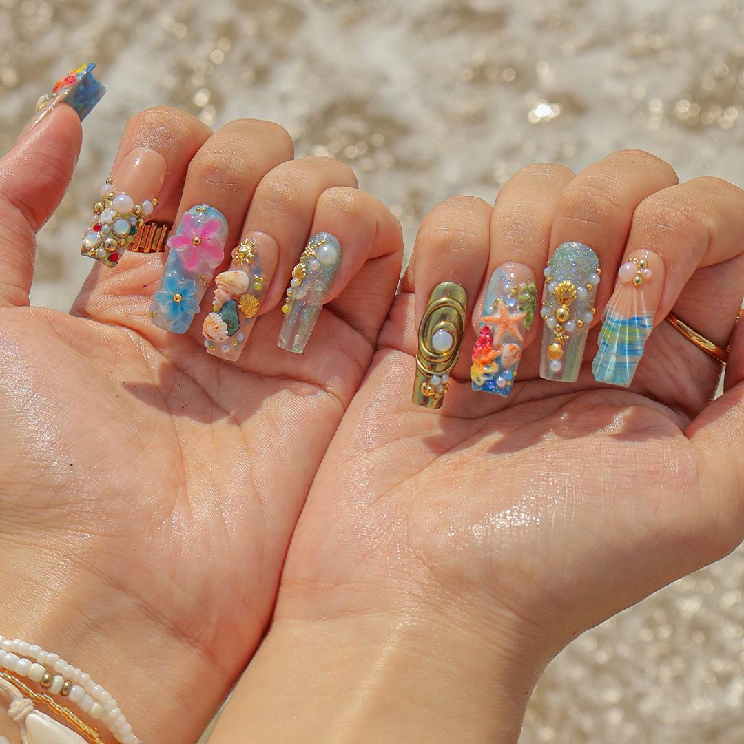 Summer Press On Nails Ocean Garden with Seashell | 3D Flower Fake Nails in Long Square | Handmade Nail Art for Holiday, Vacation, Birthday