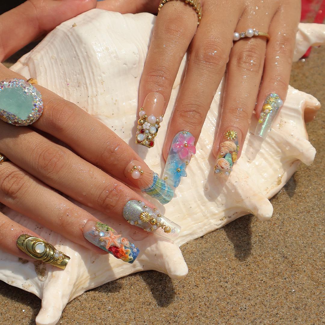 Summer Press On Nails Ocean Garden with Seashell | 3D Flower Fake Nails in Long Square | Handmade Nail Art for Holiday, Vacation, Birthday