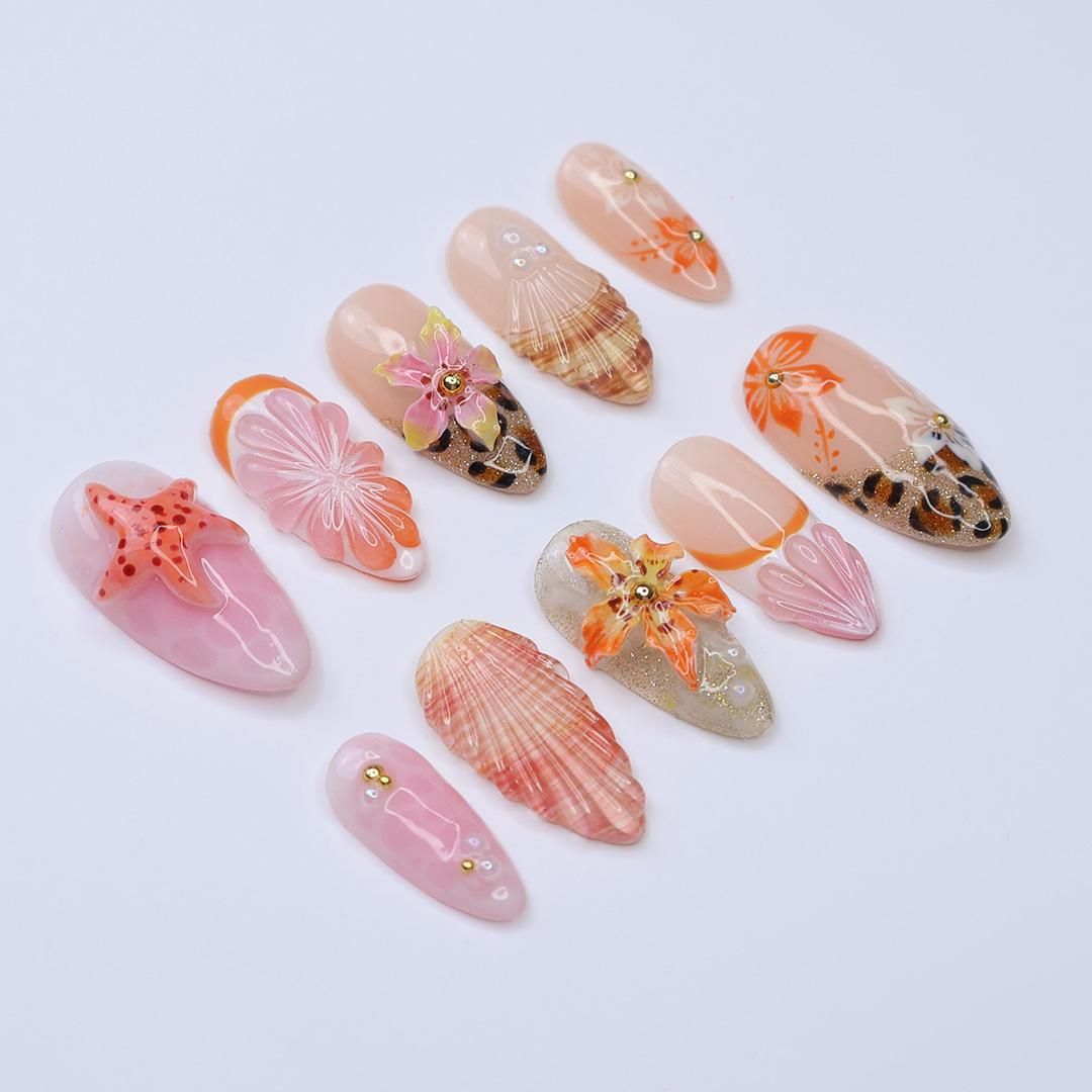 Summer Press On Nails Floral Sunset with Leopard Accents | 3D Starfish Fake Nails in Medium Almond | Handmade Nail Art for Holiday, Vacation