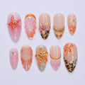 Summer Press On Nails Floral Sunset with Leopard Accents | 3D Starfish Fake Nails in Medium Almond | Handmade Nail Art for Holiday, Vacation