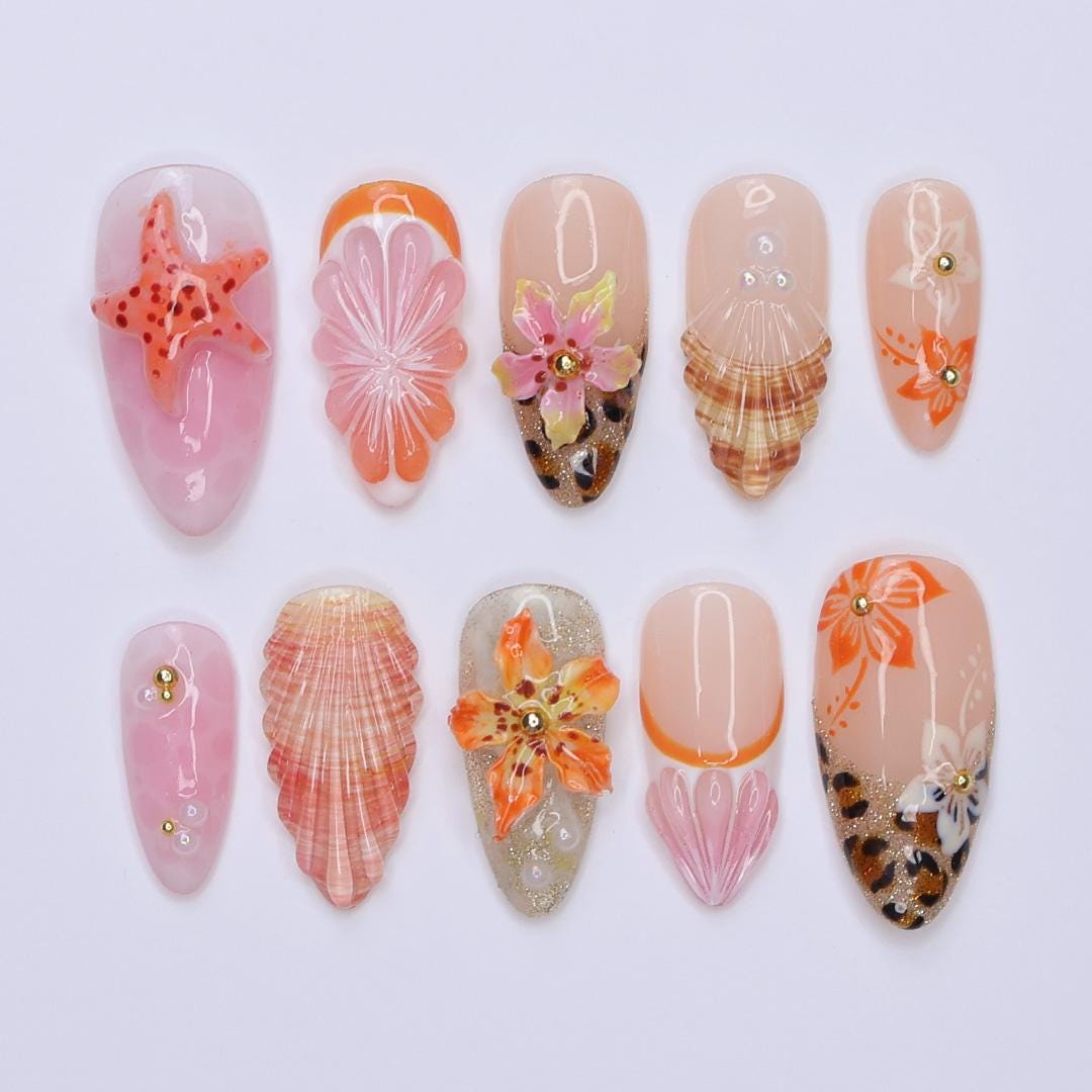 Summer Press On Nails Floral Sunset with Leopard Accents | 3D Starfish Fake Nails in Medium Almond | Handmade Nail Art for Holiday, Vacation