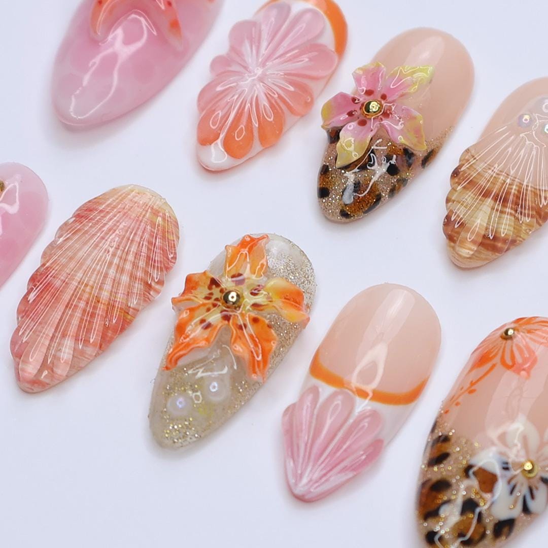 Summer Press On Nails Floral Sunset with Leopard Accents | 3D Starfish Fake Nails in Medium Almond | Handmade Nail Art for Holiday, Vacation