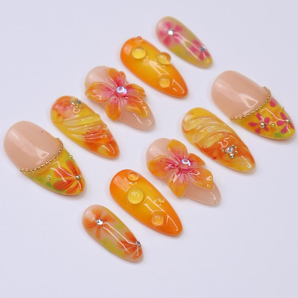 Summer Press On Nails Citrus Bloom with Tropical Florals | 3D Fake Nail in Medium Almond | Handmade Nail Art for Holiday, Vacation, Birthday