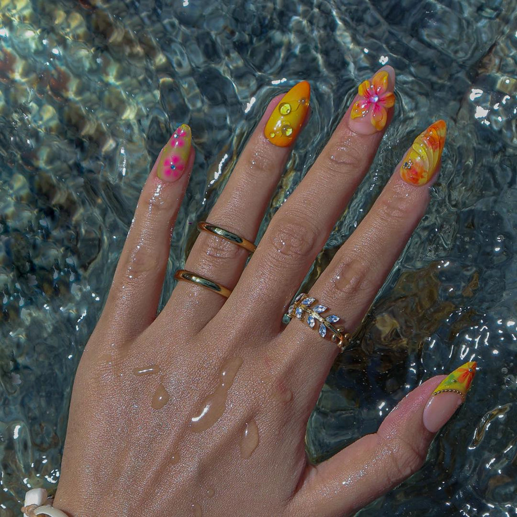 Summer Press On Nails Citrus Bloom with Tropical Florals | 3D Fake Nail in Medium Almond | Handmade Nail Art for Holiday, Vacation, Birthday