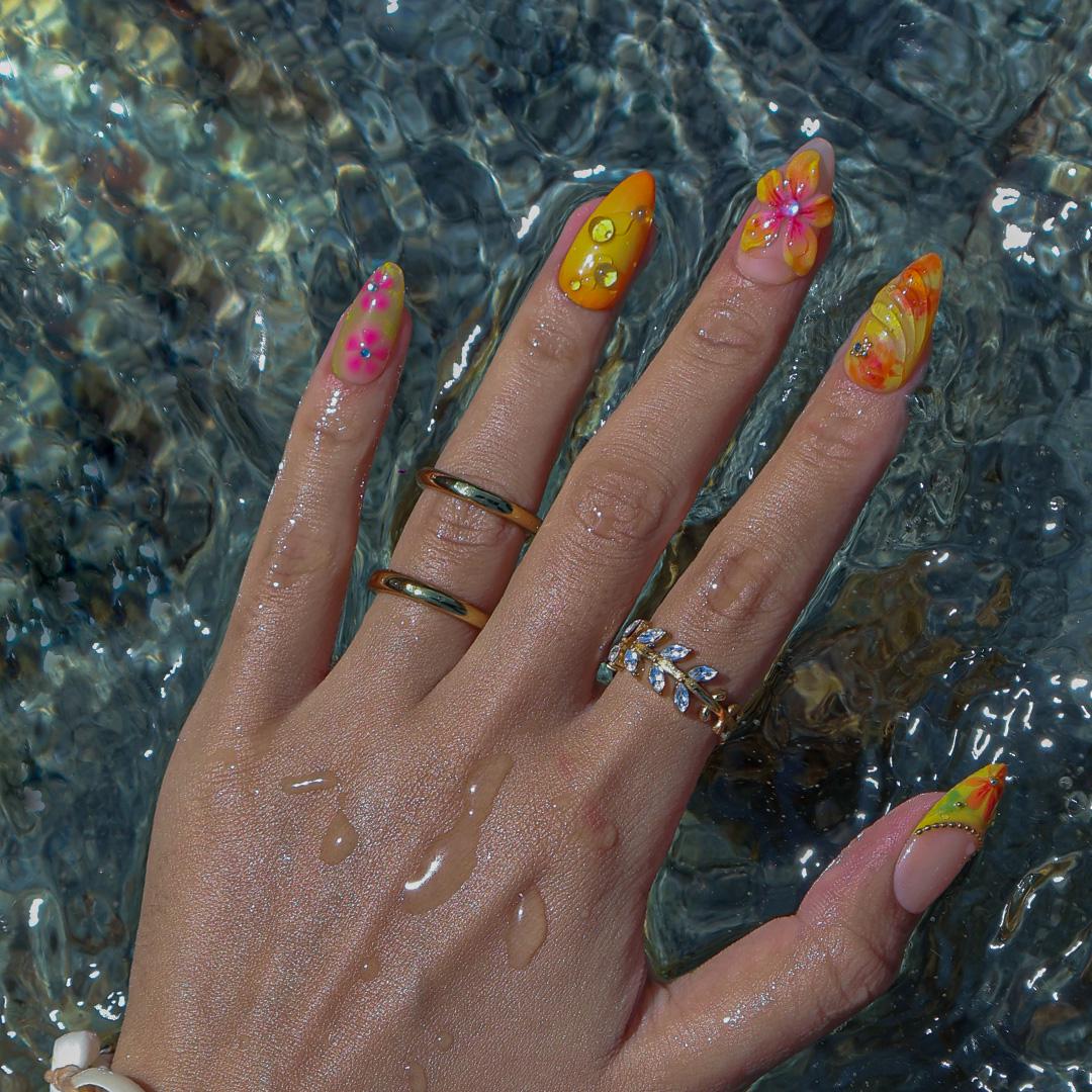 Summer Press On Nails Citrus Bloom with Tropical Florals | 3D Fake Nail in Medium Almond | Handmade Nail Art for Holiday, Vacation, Birthday