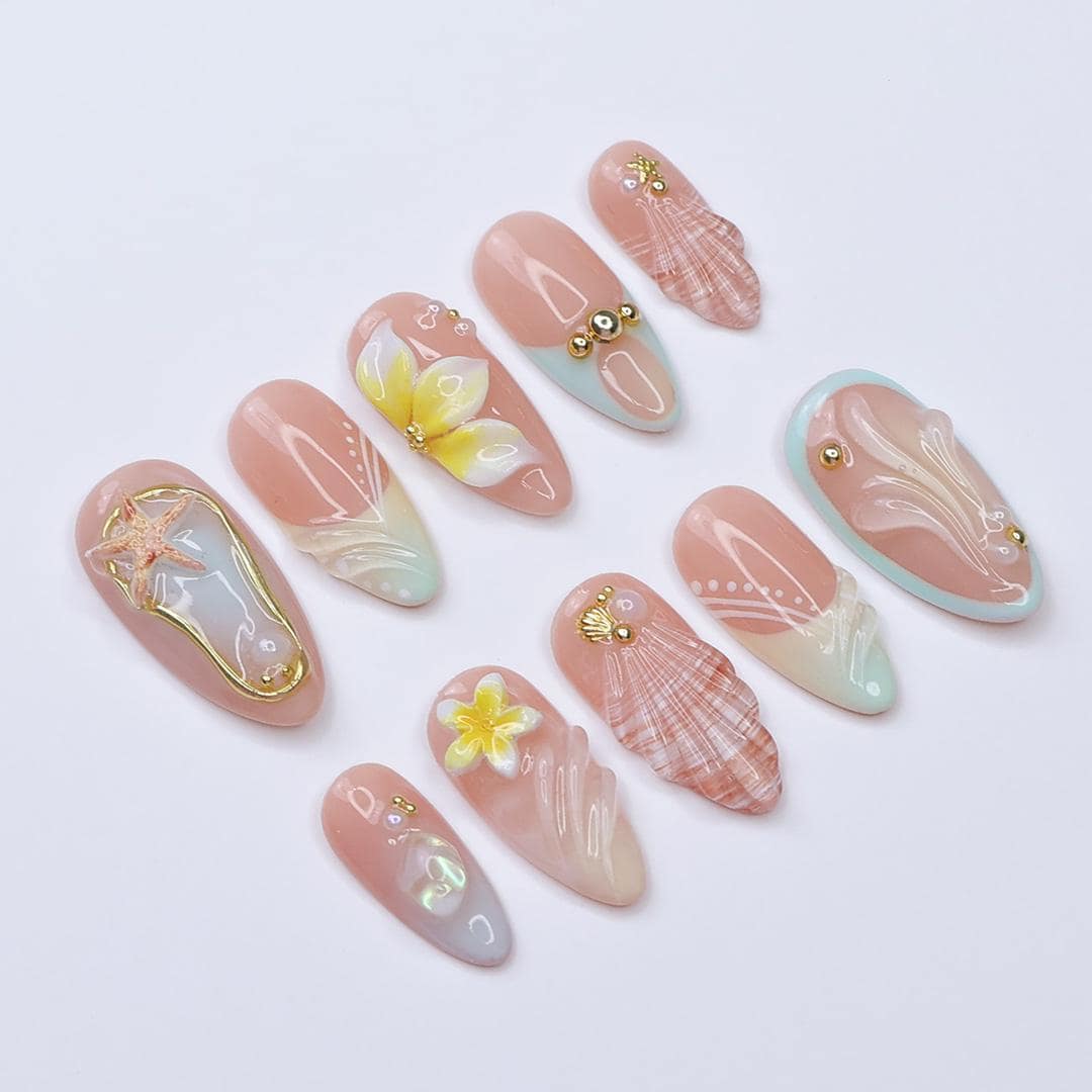 Summer Press On Nails Plumeria with Starfish | 3D Fake Nails in Medium Almond | Handmade Seashell Nail Art for Holiday, Vacation, Birthday