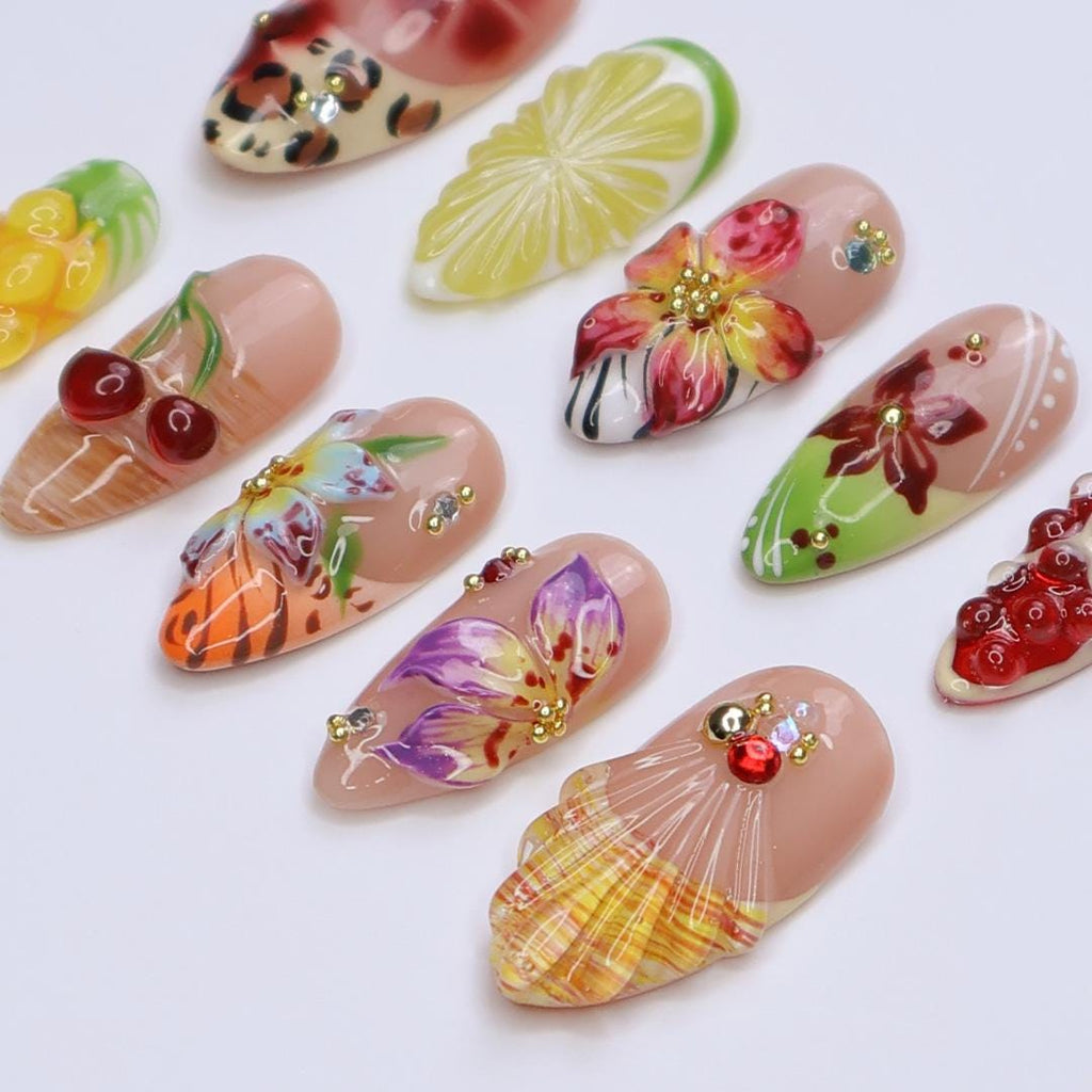 Summer Press On Nails Tropical Orchard with Leopard Print | 3D Floral Fake Nail in Medium Almond | Handmade Nail Art for Holiday, Vacation