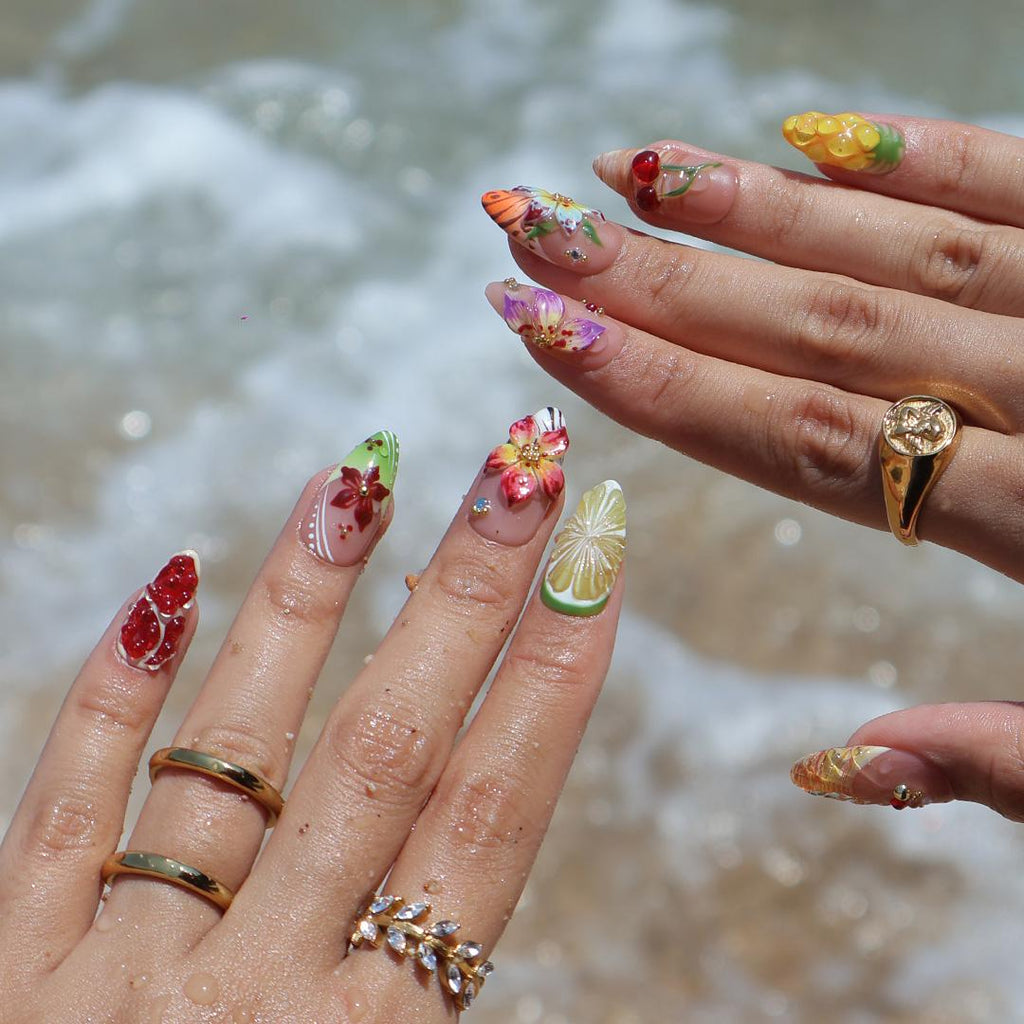 Summer Press On Nails Tropical Orchard with Leopard Print | 3D Floral Fake Nail in Medium Almond | Handmade Nail Art for Holiday, Vacation