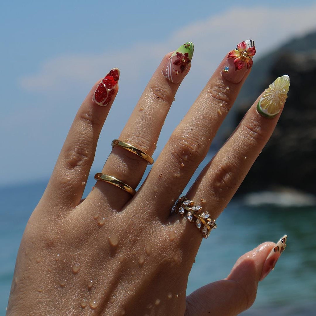 Summer Press On Nails Tropical Orchard with Leopard Print | 3D Floral Fake Nail in Medium Almond | Handmade Nail Art for Holiday, Vacation
