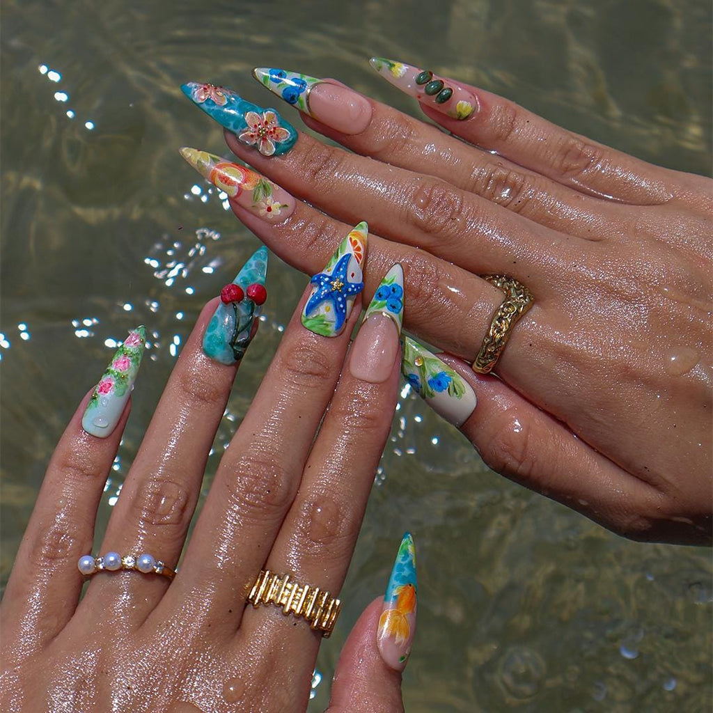 Summer Press On Nails Tropical Bloom with Ocean Treasures | 3D Fake Nails in Long Almond | Handmade Nail Art for Holiday, Vacation, Birthday