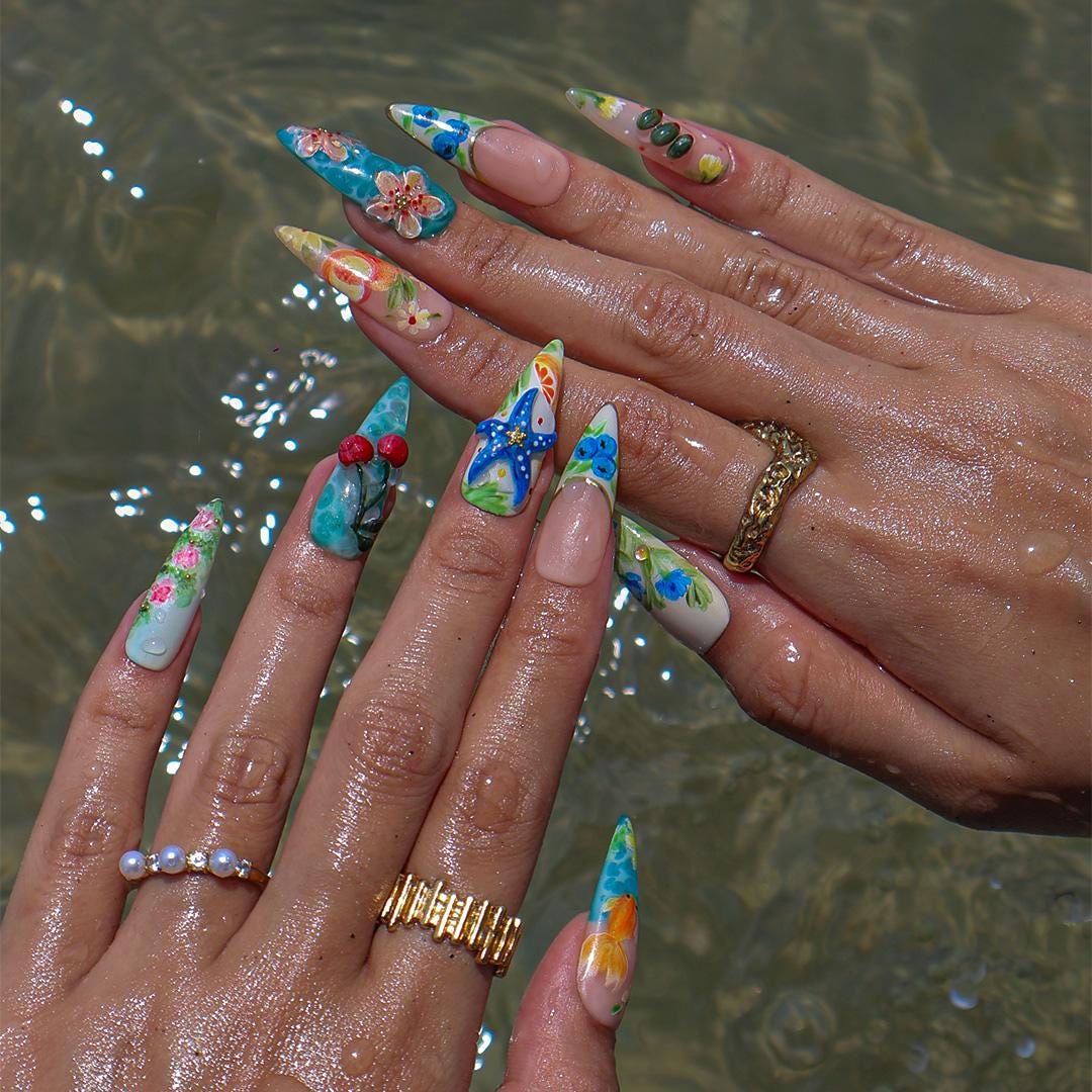 Summer Press On Nails Tropical Bloom with Ocean Treasures | 3D Fake Nails in Long Almond | Handmade Nail Art for Holiday, Vacation, Birthday