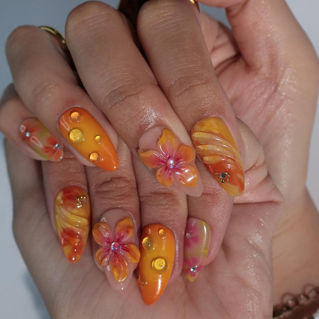 Summer Press On Nails Citrus Bloom with Tropical Florals | 3D Fake Nail in Medium Almond | Handmade Nail Art for Holiday, Vacation, Birthday