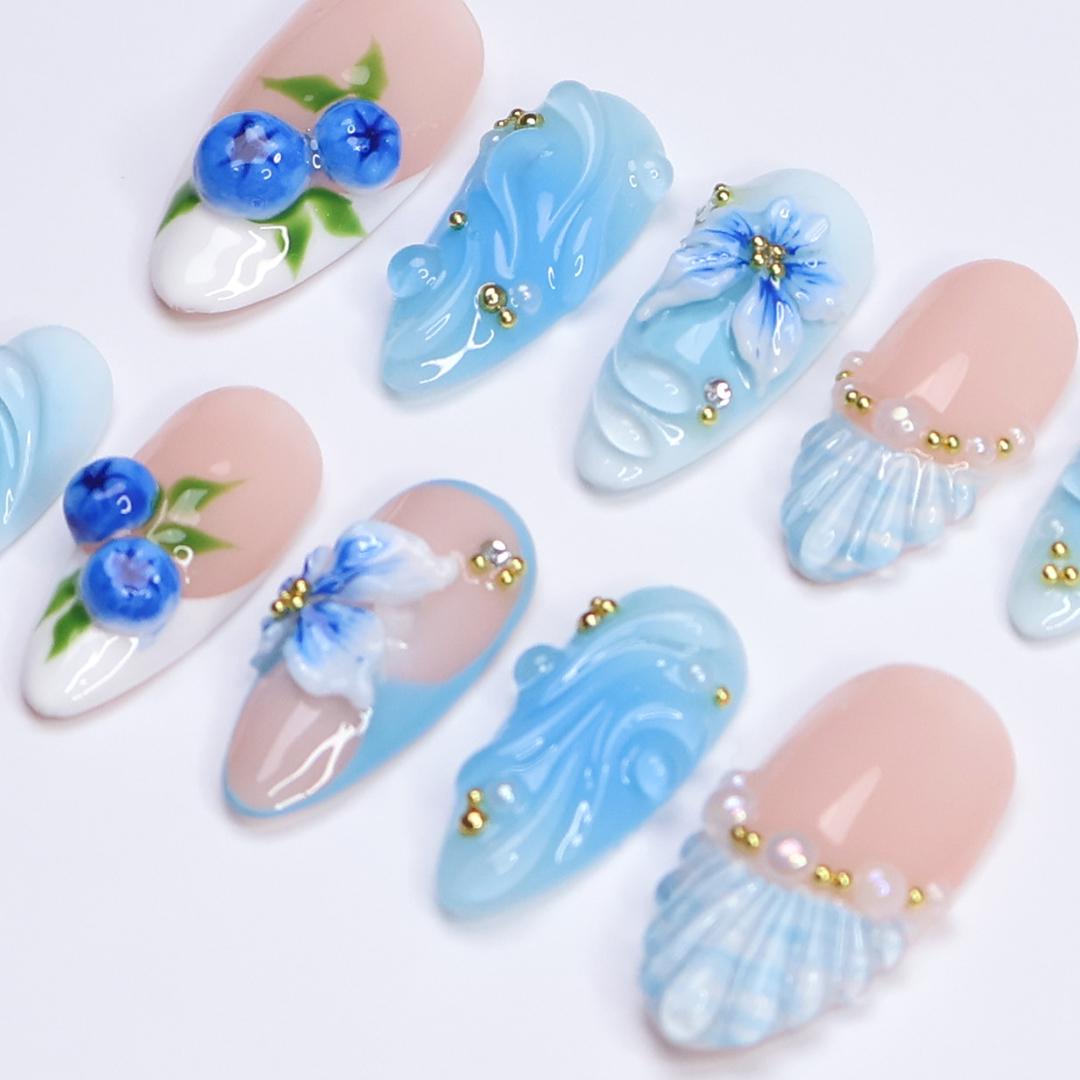 Summer Press On Nail with Blueberry & Ocean Wave in Medium Almond| Handmade Nails for Beach Holiday, Vacation| Blue Theme Fake Nails Art