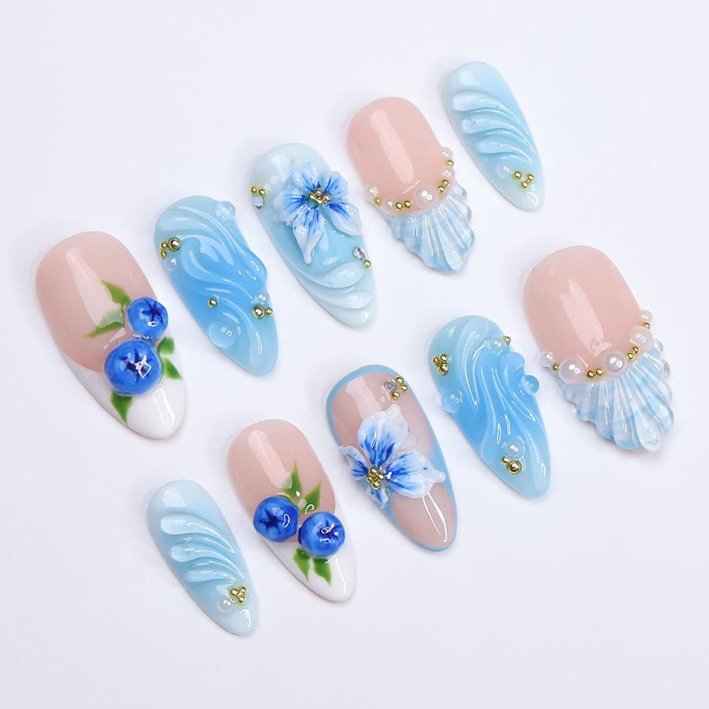 Summer Press On Nail with Blueberry & Ocean Wave in Medium Almond| Handmade Nails for Beach Holiday, Vacation| Blue Theme Fake Nails Art