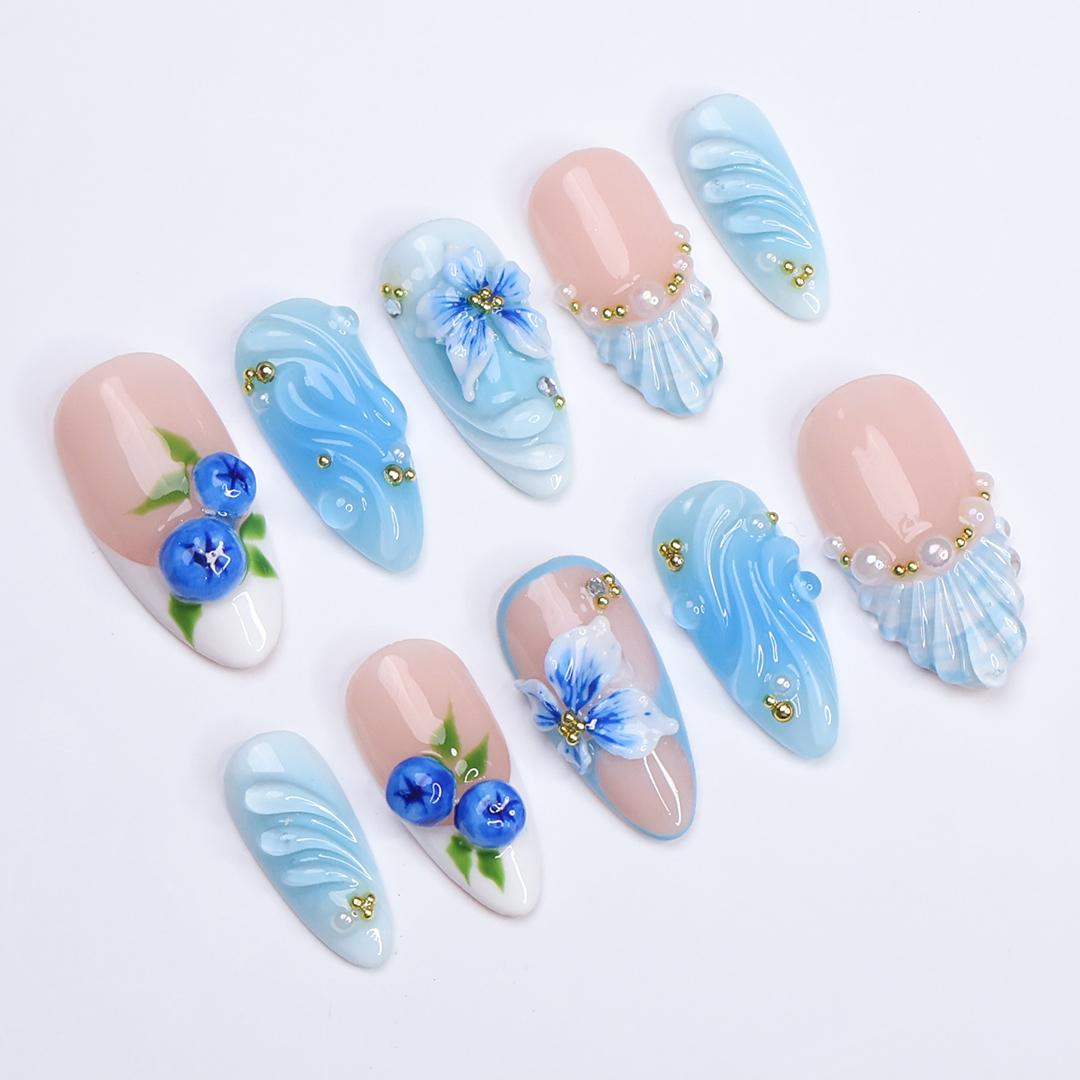 Summer Press On Nail with Blueberry & Ocean Wave in Medium Almond| Handmade Nails for Beach Holiday, Vacation| Blue Theme Fake Nails Art