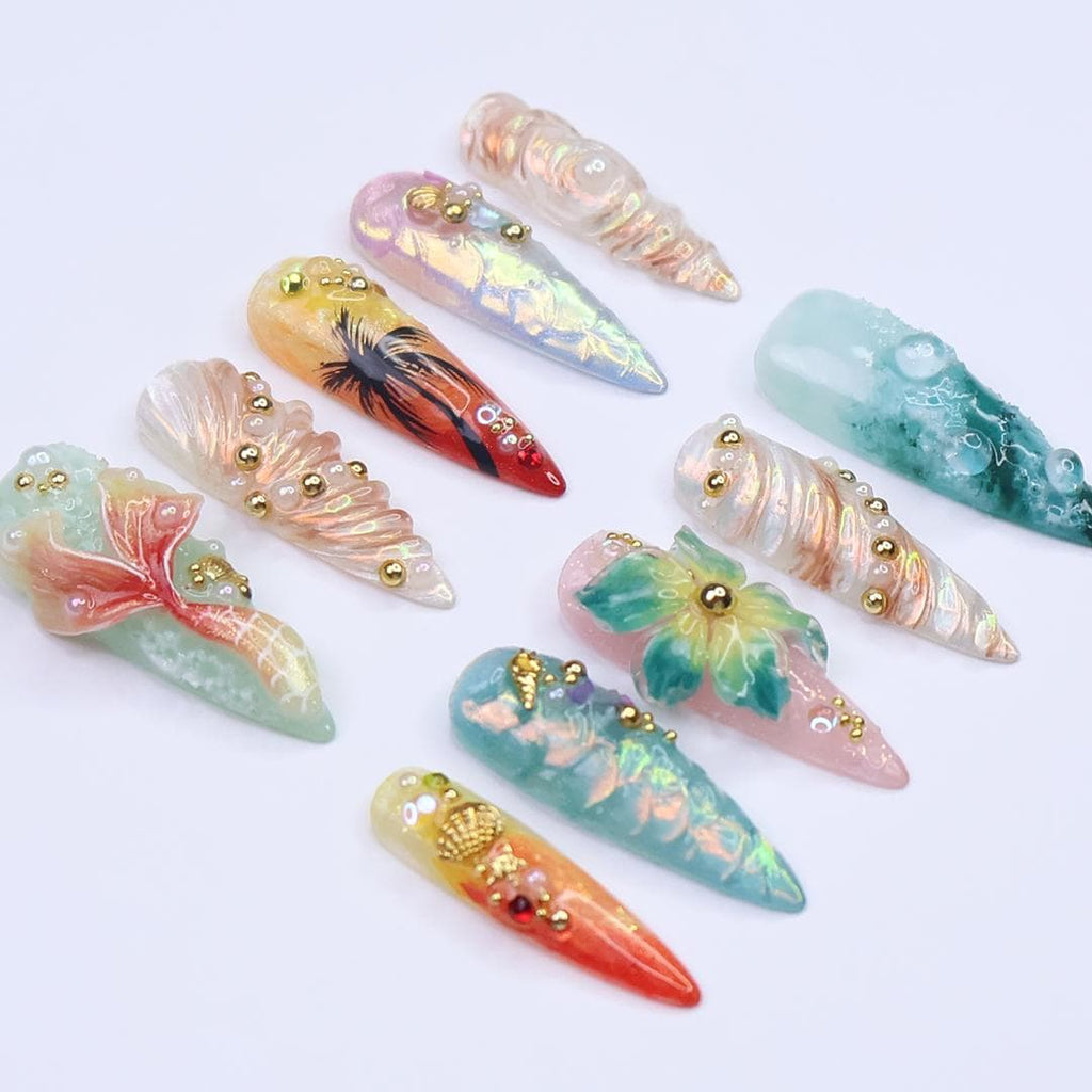 Summer Press on Nails with Mermaid & Palm Tree | Tropical 3D Fake Nail Art in Long Almond | Handmade Nail for Holiday, Vacation, Birthday