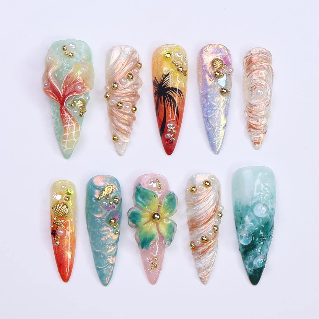 Summer Press on Nails with Mermaid & Palm Tree | Tropical 3D Fake Nail Art in Long Almond | Handmade Nail for Holiday, Vacation, Birthday