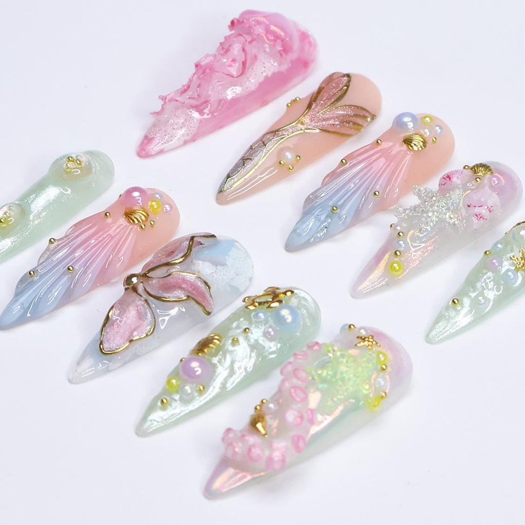 Summer Press on Nail with Mermaid & Jellyfish, 3D Ocean Inspo Fake Nail in Long Almond ,Handmade Beach Nail for Holiday, Vacation, Birthday