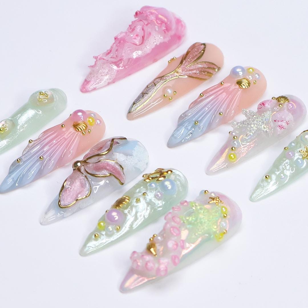 Summer Press on Nail with Mermaid & Jellyfish, 3D Ocean Inspo Fake Nail in Long Almond ,Handmade Beach Nail for Holiday, Vacation, Birthday