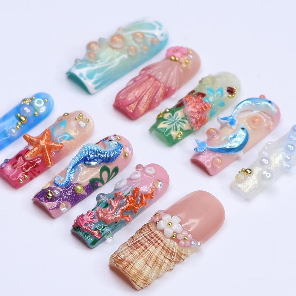 Summer Press on Nails with Dolphin & Seahorse | 3D Beach Fake Nail Arts in Long Square | Handmade Nail Art for Holiday, Vacation, Birthday