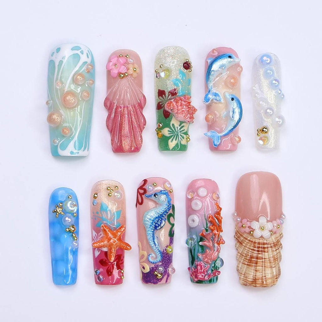Summer Press on Nails with Dolphin & Seahorse | 3D Beach Fake Nail Arts in Long Square | Handmade Nail Art for Holiday, Vacation, Birthday