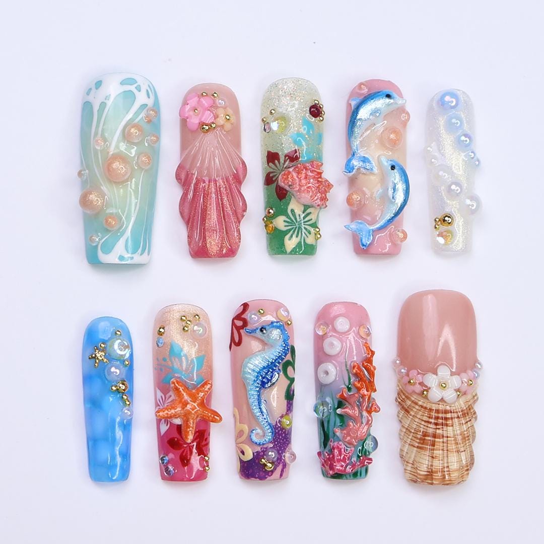 Summer Press on Nails with Dolphin & Seahorse | 3D Beach Fake Nail Arts in Long Square | Handmade Nail Art for Holiday, Vacation, Birthday