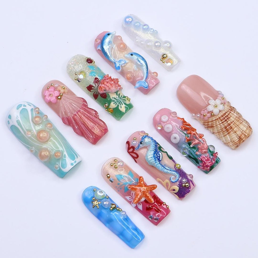 Summer Press on Nails with Dolphin & Seahorse | 3D Beach Fake Nail Arts in Long Square | Handmade Nail Art for Holiday, Vacation, Birthday