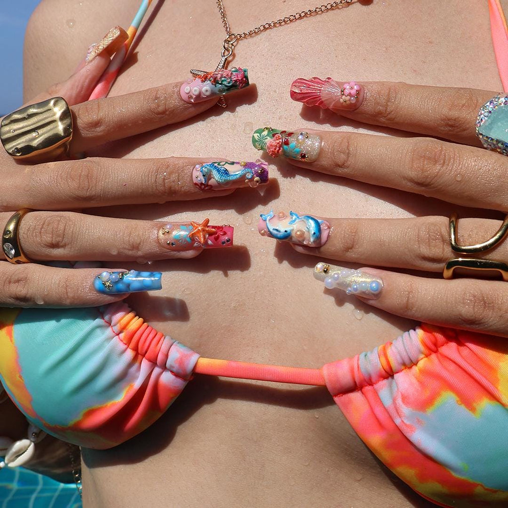 Summer Press on Nails with Dolphin & Seahorse | 3D Beach Fake Nail Arts in Long Square | Handmade Nail Art for Holiday, Vacation, Birthday