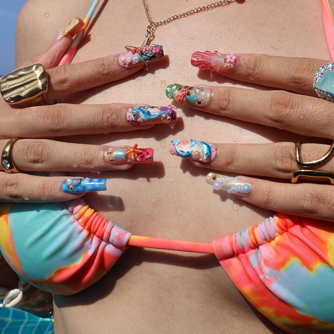 Summer Press on Nails with Dolphin & Seahorse | 3D Beach Fake Nail Arts in Long Square | Handmade Nail Art for Holiday, Vacation, Birthday