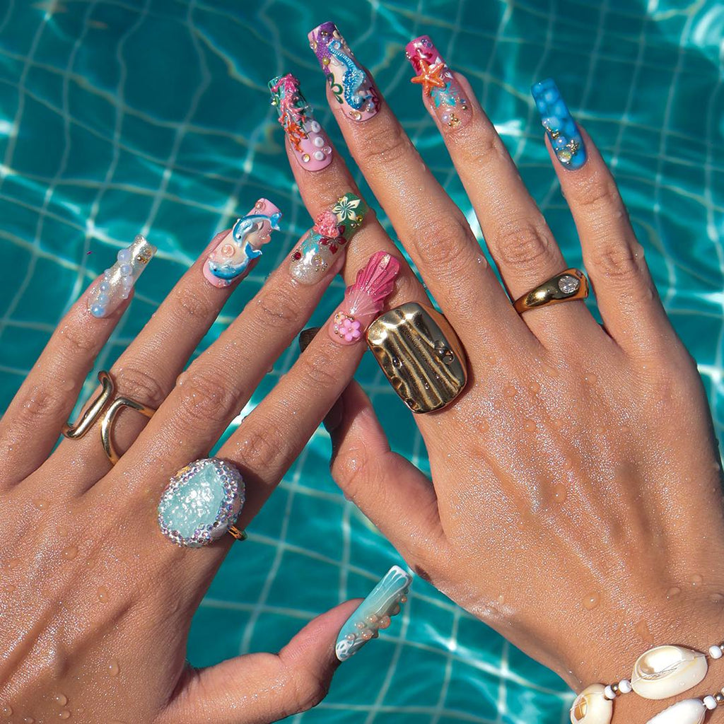 Summer Press on Nails with Dolphin & Seahorse | 3D Beach Fake Nail Arts in Long Square | Handmade Nail Art for Holiday, Vacation, Birthday