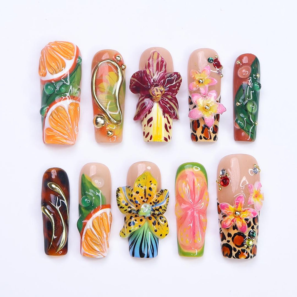 Summer Press on Nail with Citrus & Leopard Print | 3D Orchid Flower Fake Nail in Long Square | Handmade Nail for Holiday, Vacation, Birthday
