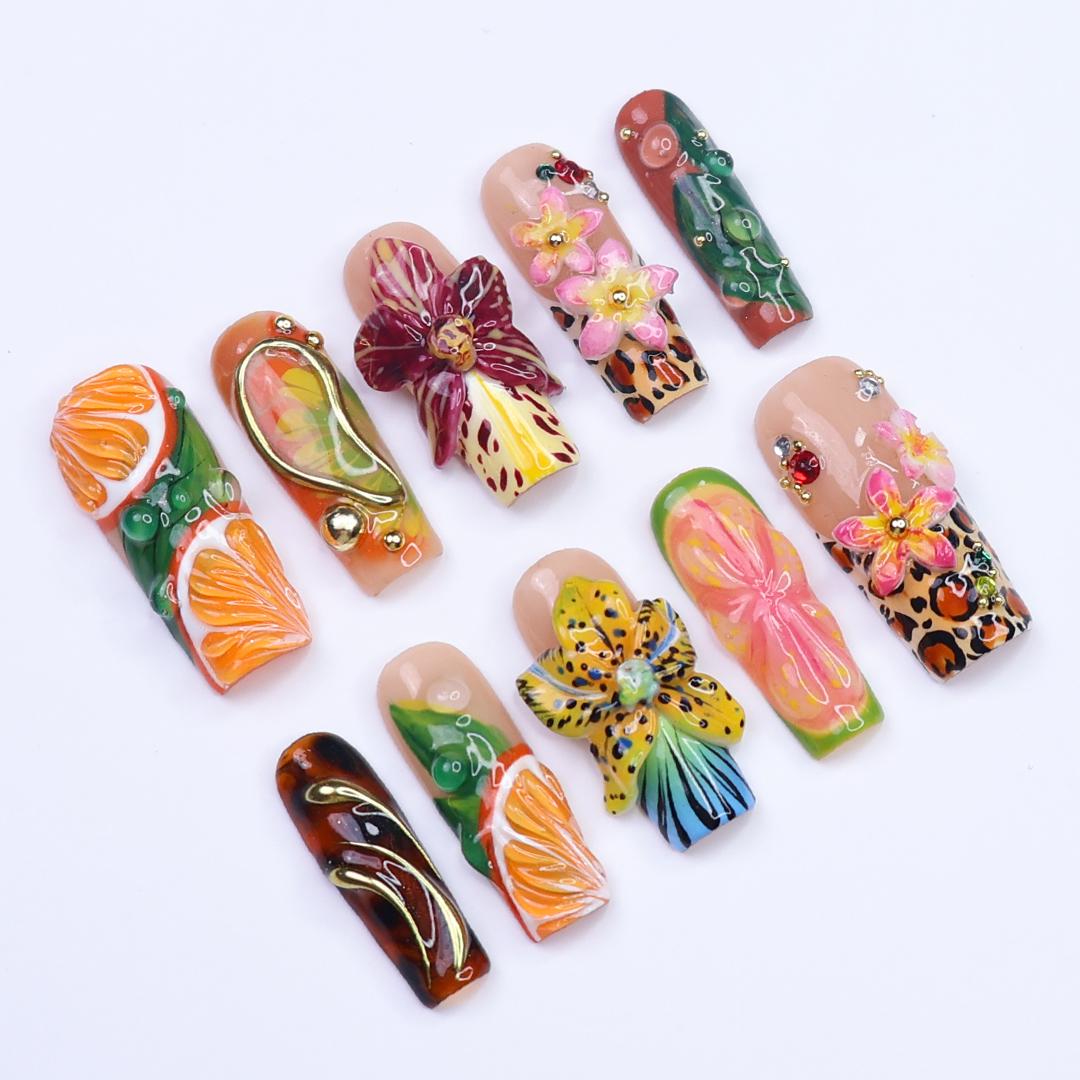 Summer Press on Nail with Citrus & Leopard Print | 3D Orchid Flower Fake Nail in Long Square | Handmade Nail for Holiday, Vacation, Birthday