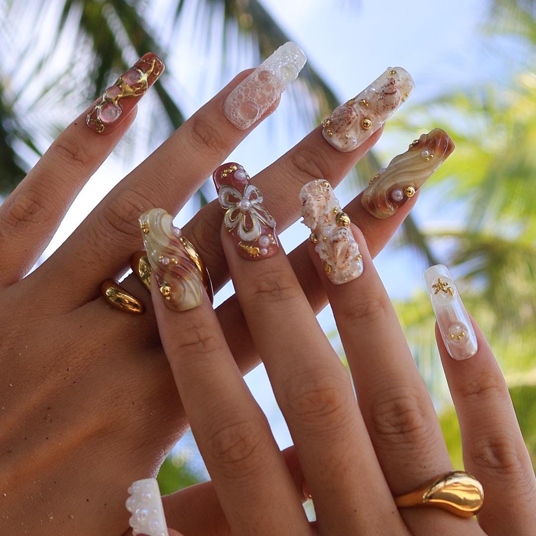Summer Press On Nails with 3D Seashells and Pearls, Long Square Beach Nails in Nude, White and Gold Tones for Coastal Summer Vibe, Holiday