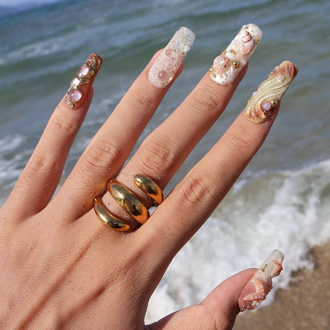 Summer Press On Nails with 3D Seashells and Pearls, Long Square Beach Nails in Nude, White and Gold Tones for Coastal Summer Vibe, Holiday