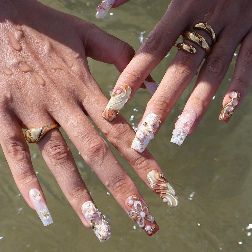Summer Press On Nails with 3D Seashells and Pearls, Long Square Beach Nails in Nude, White and Gold Tones for Coastal Summer Vibe, Holiday