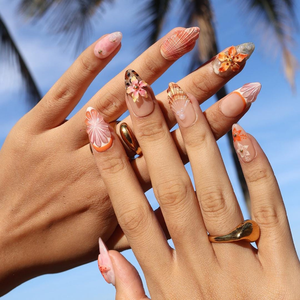 Summer Press On Nails Floral Sunset with Leopard Accents | 3D Starfish Fake Nails in Medium Almond | Handmade Nail Art for Holiday, Vacation
