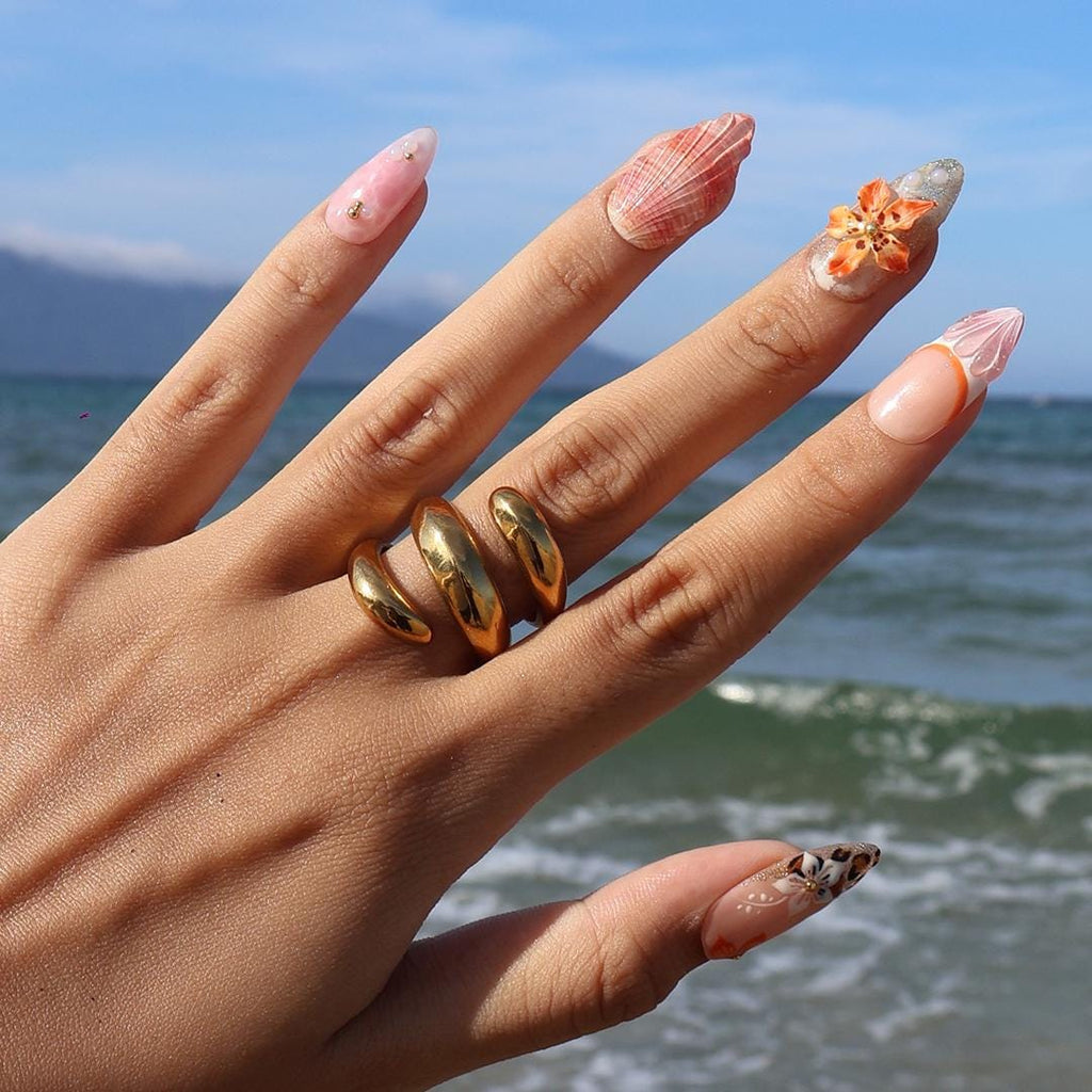 Summer Press On Nails Floral Sunset with Leopard Accents | 3D Starfish Fake Nails in Medium Almond | Handmade Nail Art for Holiday, Vacation