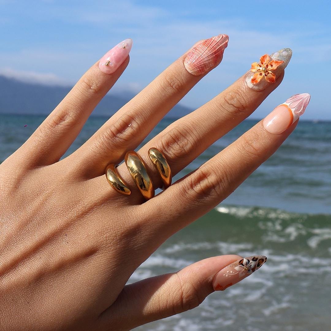 Summer Press On Nails Floral Sunset with Leopard Accents | 3D Starfish Fake Nails in Medium Almond | Handmade Nail Art for Holiday, Vacation